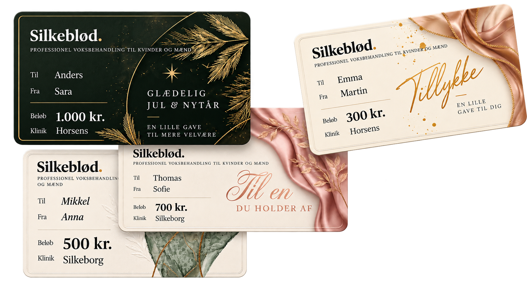 Fire forskellige gavekort fra Silkeblød